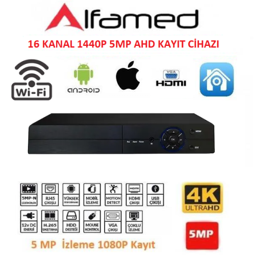 ALFAMED 16 Kanal 1440P 5MP FULL HD AHD Güvenlik Kayıt Cihazı AF-1716