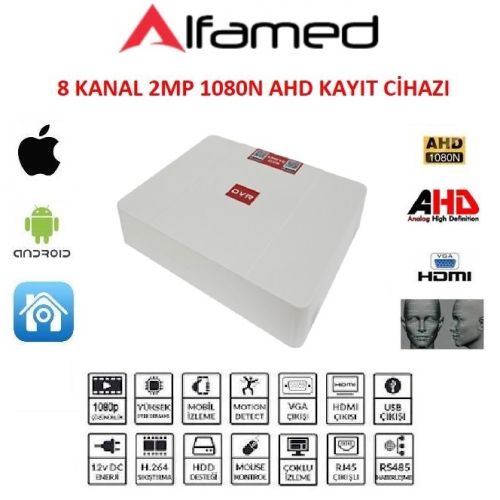 ALFAMED 8 KANAL 2MP 1080 AHD DVR KAYIT CİHAZI XMEye YAZILIM AF-1508