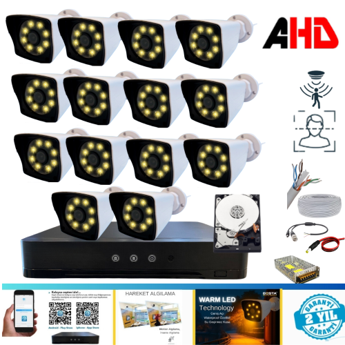 14 KAMERALI WARM LED GECE RENKLİ GÖRÜŞLÜ 3.6MM 500 GB HDD DAHİL GÜVENLİK SETİ - 14500W