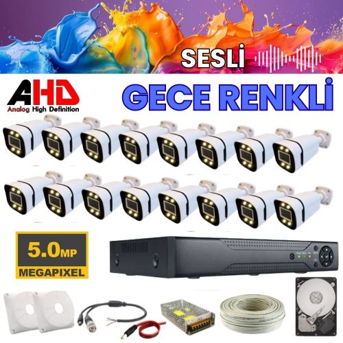 16 KAMERALI GECE RENKLİ SESLİ 5 MP 3 TB HDD DAHİL AHD GÜVENLİK KAMERA SETİ - ST1653WS