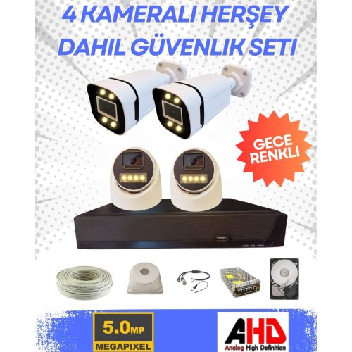 2 İÇ 2 DIŞ 4 KAMERALI GECE RENKLİ SESLİ 5 MP 320 GB HDD DAHİL AHD GÜVENLİK KAMERA SETİ - ST54320SW
