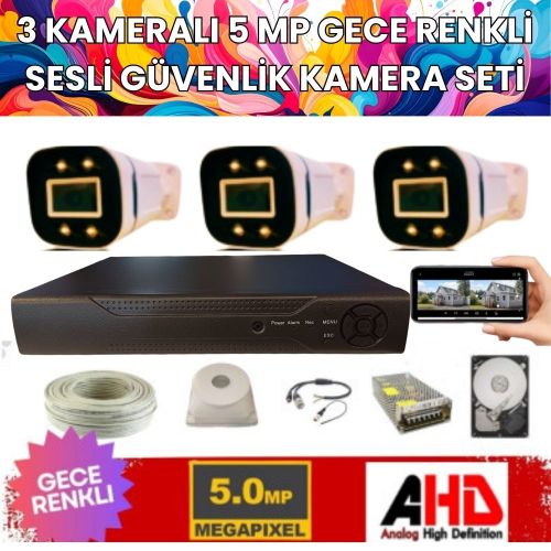 3 KAMERALI 5MP IŞIKLI GECE RENKLİ SESLİ 1 TB HDD DAHİL AHD GÜVENLİK SETİ- ST-351B