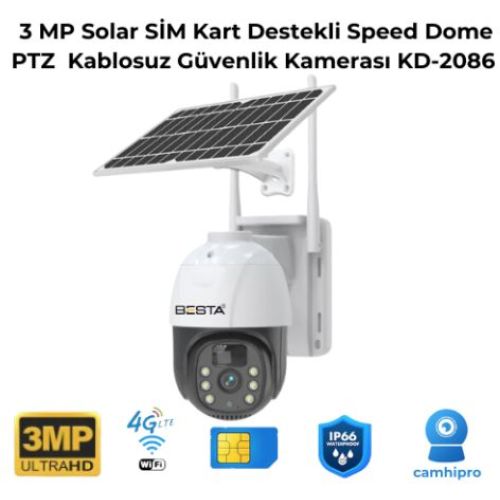 3 MP Solar SIM Kart Destekli Speed Dome PTZ Kablosuz Güvenlik Kamerası KD-2086