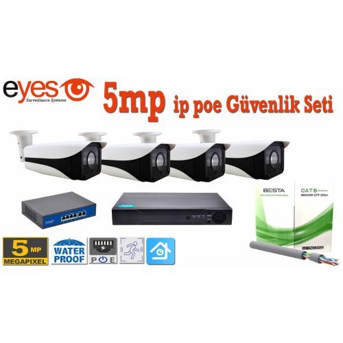 4 Dış Mekan Kameralı 5MP 1520P H265 POE Ip Güvenlik Kamerası Sistemi 4K