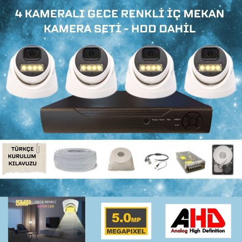 4 KAMERALI 5 MP GECE RENKLİ SESLİ İÇ MEKAN DOME GÜVENLİK SETİ 250 GB HDD DAHİL - ST59250