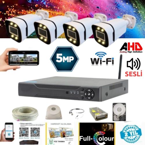 4 KAMERALI WIFI ÖZELLİKLİ 5MP IŞIKLI GECE RENKLİ SESLİ 1 TB HDD DAHİL AHD GÜVENLİK SETİ- ST-5410WS