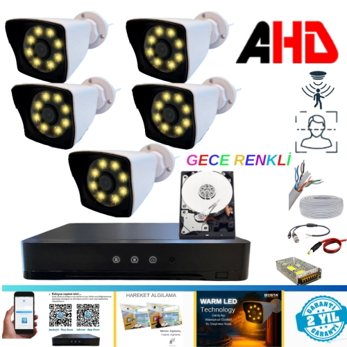 5 KAMERALI 5MP LENS 1080P WARM LED GECE RENKLİ 1 TB HDD DAHİL GÜVENLİK SETİ - 251W