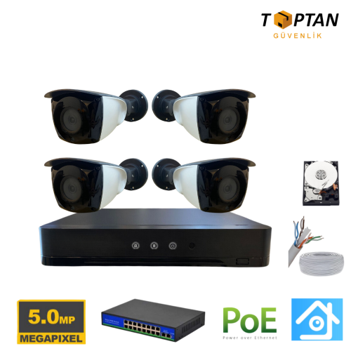 5MP 1440p 4 Kameralı 250GB Harddisk Dahil IP Poe Güvenlik Kamerası Seti - ST-54250