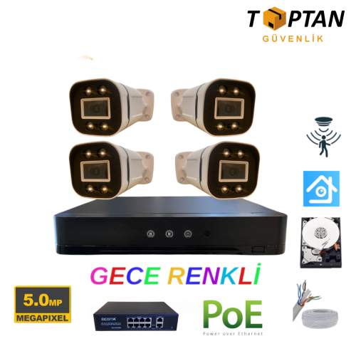 5MP 1440p Warm Led 4 Kameralı 320GB Harddisk Dahil IP Poe Güvenlik Kamerası Seti - ST-54320W