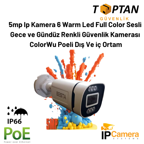 5mp Ip Kamera 6 Warm Led Full Color Sesli Gece ve Gündüz Renkli Güvenlik Kamerası ColorWu Poeli Dış Ve iç Ortam BT-1506