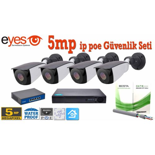 5MP POE H265 4 KAMERALI Ip Güvenlik Kamerası Sistemi 4K