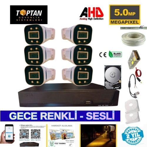 6 KAMERALI 5MP IŞIKLI GECE RENKLİ SESLİ 250 GB HDD DAHİL AHD GÜVENLİK SETİ- ST-55250M