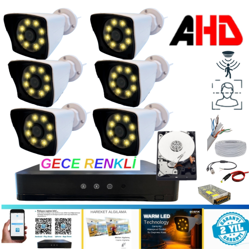 6 KAMERALI 5MP LENS 1080P WARM LED GECE RENKLİ 2 TB HDD DAHİL GÜVENLİK SETİ - 262W