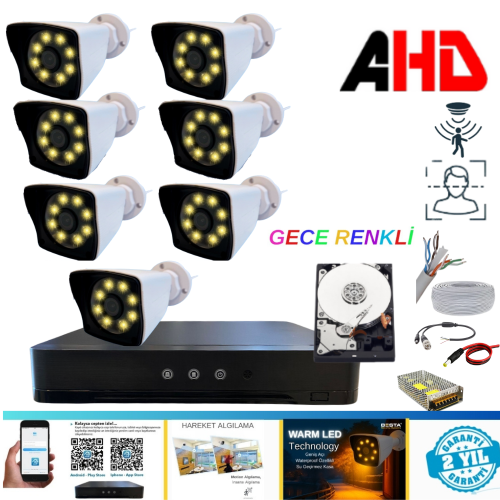 7 KAMERALI 5MP LENS 1080P WARM LED GECE RENKLİ 320 GB HDD DAHİL GÜVENLİK SETİ - 27320W