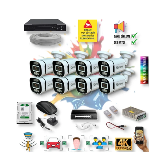 8 Kameralı IP Set - Yapay Zeka Özellikli Gece Renkli Gösteren Sesli 6 Warm Ledli 4K FULLHD IP Güvenlik Kamerası Seti 4386WS