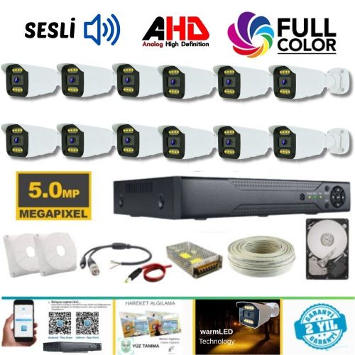 ARNA 12 KAMERALI 5 MP SESLİ 8 WARM LED GECE RENKLİ SU GEÇİRMEZ AHD GÜVENLİK SETİ 4 TB HDD DAHİL- ST-40012WD
