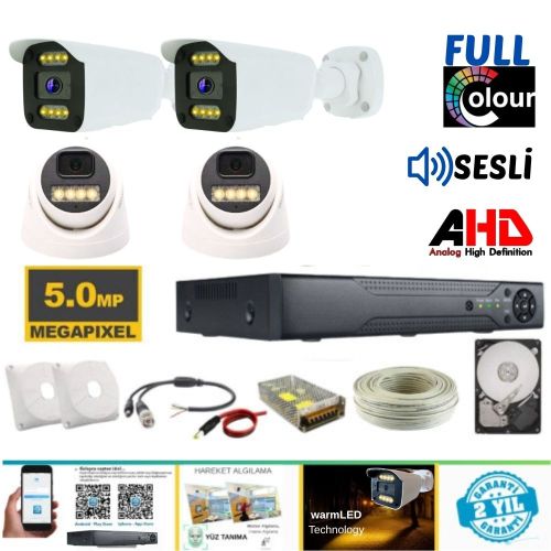 ARNA 2 DIŞ 2 İÇ 4 KAMERALI 5 MP 8 WARM LEDLİ WATERPROOF AHD GÜVENLİK SETİ 250 GB HDD DAHİL- ST-25058WT
