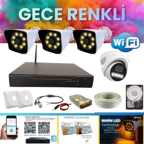 ARNA 3 DIŞ 1 İÇ 4 KAMERALI GECE RENKLİ WIFI OZELLİKLİ 250 GB HDD DAHİL GÜVENLİK KAMERA SETİ - ST024250WR