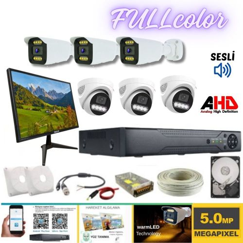 ARNA 3 İÇ 3 DIŞ 6 KAMERALI 5 MP GECE RENKLİ AHD GÜVENLİK SETİ 250GB HDD DAHİL- ST-250533W