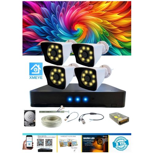 ARNA 4 Kameralı Kare 4 Dış Kamera Set 1 TB HDD Dahil Full HD Renkli Gece Görüşlü Güvenlik Kamerası Sistemi