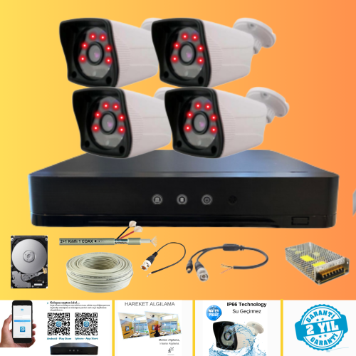 ARNA 4 Kameralı Kare 4 Dış Kameralı Set 320 GB Harddisk Full HD Gece Görüşlü Güvenlik Kamerası Sistemi