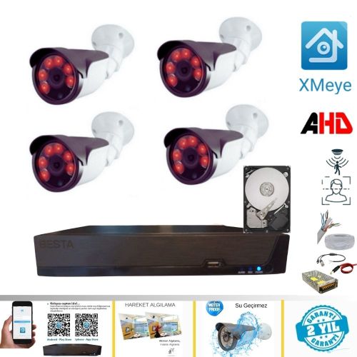Arna 4 Kameralı Set - 5MP Sony Lensli Full Hd Gece Görüşlü Güvenlik Kamerası Sistemi - Cepten Izle Xmeye 1 TB HDD Dahil