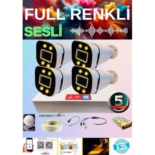 ARNA 4 Lü Sesli Gece Renkli Görüş Özellikli Su Geçirmez Güvenlik Kamerası Seti 4 TB - ST425S