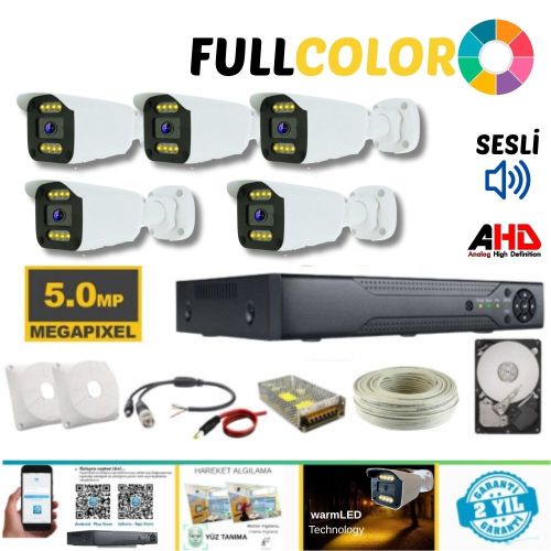 ARNA 5 KAMERALI IŞIKLI SESLİ GECE RENKLİ 5 MP H.265+ GÜVENLİK KAMERA SETİ 320 GB HDD DAHİL - ST320558