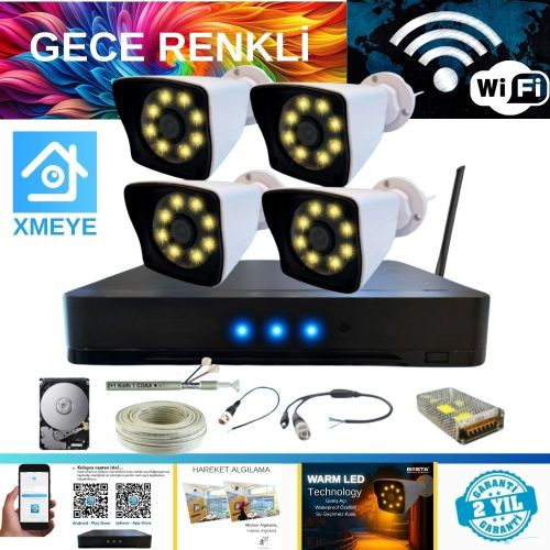 ARNA 5 MP LENS 2 MP 1080P GECE RENKLİ 4 KAMERALI WIFI ÖZELLİKLİ KAMERA SETİ 250 GB HDD - WF-25024W