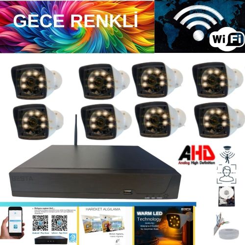 ARNA 5 MP LENS 2 MP 1080P GECE RENKLİ 8 KAMERALI WIFI ÖZELLİKLİ KAMERA SETİ 2 TB HDD - WF-20084W
