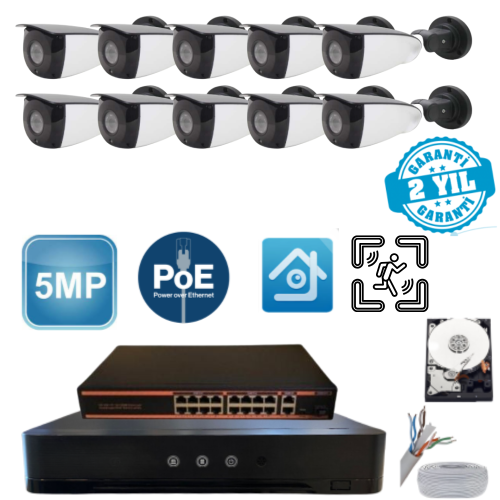 ARNA 5MP 10 KAMERALI DIŞ MEKAN METAL KASA 1 TB HDD DAHİL IP GÜVENLİK SETİ - ST5101