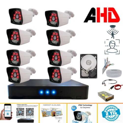 ARNA 8 DIŞ KAMERALI 2 MP HAREKET ALGILAMA H.265+ 2 TB HDD DAHİL AHD GÜVENLİK SETİ- ST282M