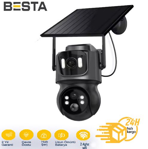 BESTA 3 MP + 3MP CİFT KAMERALI WİFİ SOLAR KABLOSUZ GÜVENLİK KAMERASI BS-2091