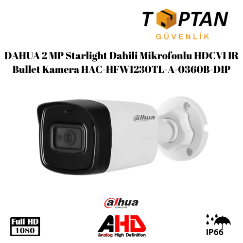 DAHUA 2 MP Starlight Dahili Mikrofonlu HDCVI IR Bullet Kamera HAC-HFW1230TL-A-0360B-DIP