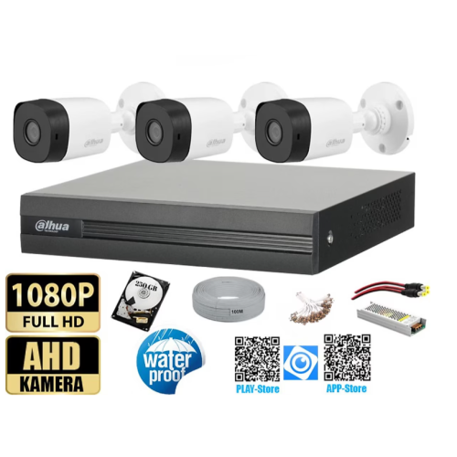 DAHUA 3 Kameralı 250GB Harddiskli 30m Gece Görüşlü Full HD Güvenlik Kamera Set Her şey dahil