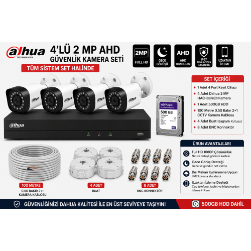 DAHUA 4 LÜ 2 MP DAHUA AHD KAMERA TÜM SİSTEM SET HALİNDE