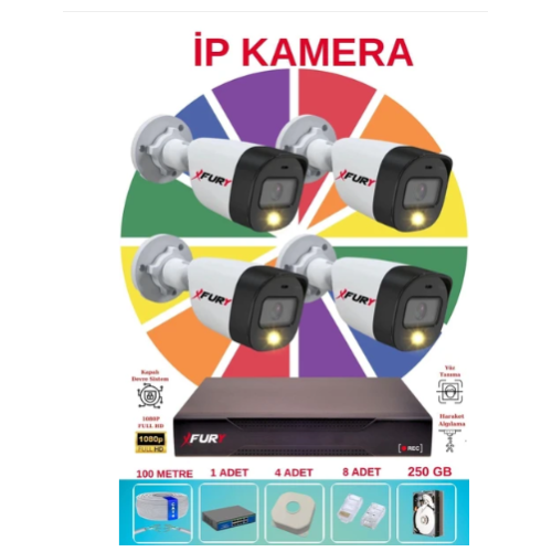 Fury 4 Lü Ip Güvenlik Kamera Seti Sesli 4mp Gece Renkli Su Geçirmez 5515S 250GB