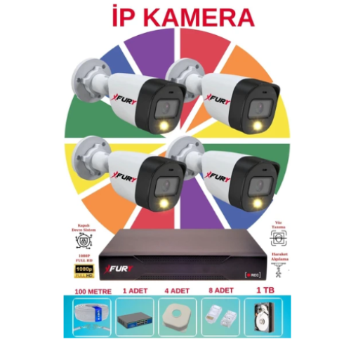 Fury 4 Lü Ip Güvenlik Kamera Seti Sesli 4mp Gece Renkli Su Geçirmez 5515S 1tb