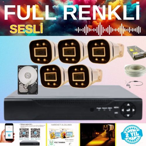 GERÇEK 5 MP 5 KAMERALI GECE RENKLİ SESLİ 320 GB HDD DAHİL AHD GÜVENLİK SETİ - ST32055