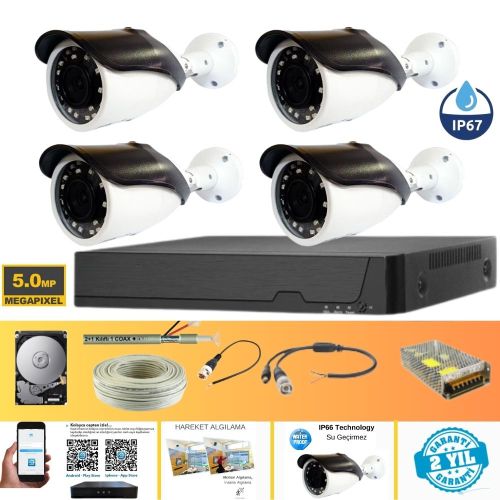 GERÇEK 5 MP METAL KASA 4 KAMERALI AHD GÜVENLİK SETİ 1 TB HDD DAHİL - ST45100GM