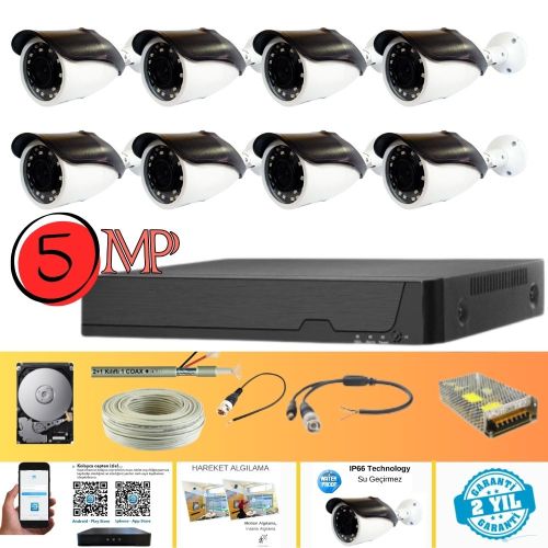 GERÇEK 5 MP METAL KASA 8 KAMERALI AHD GÜVENLİK SETİ 500 GB HDD DAHİL - ST85500GM