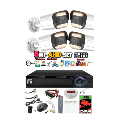 J-tech 5mp 7070 Renkli Gece Görüşlü 4 Lü Akıllı Güvenlik Kamera Seti Yüz Ve Araç Tanıma