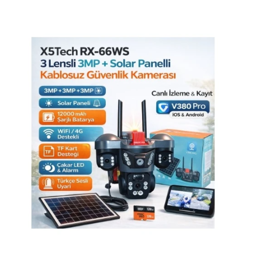 X5 Tech X5TECH RX-66WS Wifi 3 Lensli 5 Volt 2A Solar Kablosuz Güvenlik Kamerası
