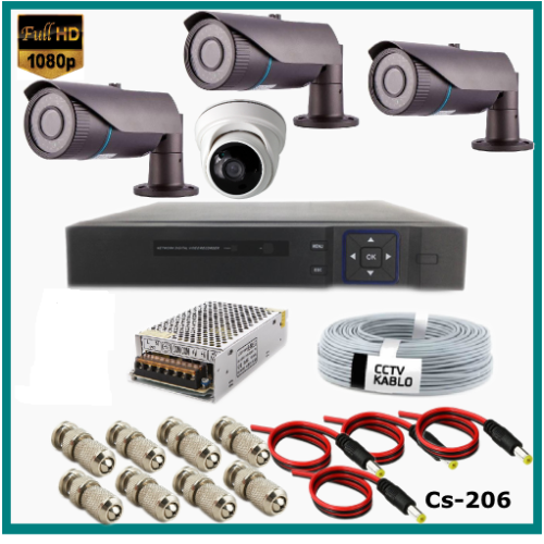 4 Kameralı (3Dış+1 İç) 2MP Güvenlik Kamerası Sistemi AHD 1080P  Cs-206 Harddisksiz