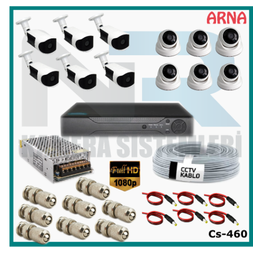12 Kameralı (6 iç 6 dış) Güvenlik Kamerası Sistemi AHD 1080P ( Cs 460) Hardisksiz