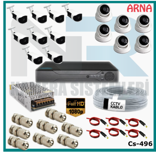 15 Kameralı (6 iç 9 dış) Güvenlik Kamerası Sistemi AHD 1080P ( Cs 496) Hardisksiz