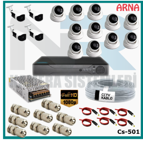 15 Kameralı (11 iç 4 dış) Güvenlik Kamerası Sistemi AHD 1080P ( Cs 501) Hardisksiz