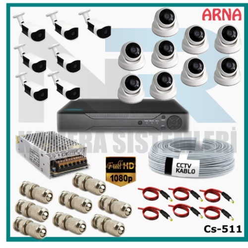 16 Kameralı (9 iç 7 dış) Güvenlik Kamerası Sistemi AHD 1080P ( Cs 511) Hardisksiz