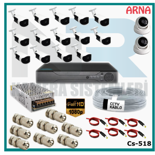 16 Kameralı (2 iç 14 dış) Güvenlik Kamerası Sistemi AHD 1080P ( Cs 518) Hardisksiz