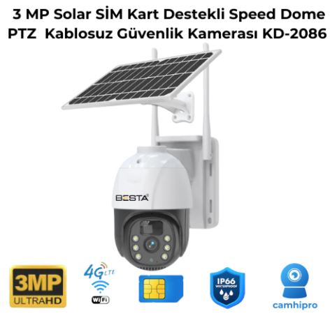 3 MP Solar SIM Kart Destekli Speed Dome PTZ Kablosuz Güvenlik Kamerası KD-2086